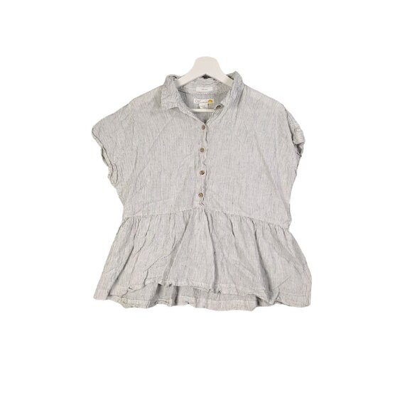 C&C CALIFORNIA Linen Babydoll Popover Top Women Size M Stripe Cap Sleeve Coastal - Picture 1 of 6